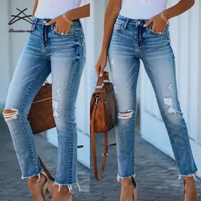 China 2021 Plus Size Fashion Women Breathable Jeans Female Denim Pants Ripped Hole Distressed Ladies Fringed Skinny Pants Jeans Trousers for sale