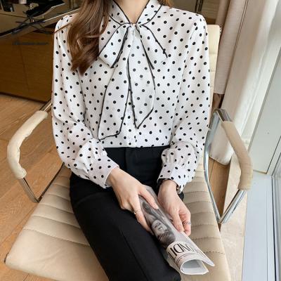 China Hot Sale New Fashion Breathable Chiffon Women Spring Long Sleeve Bow Polka Dot White Official Business Womens Blouses Tops Shirt Blouse for sale