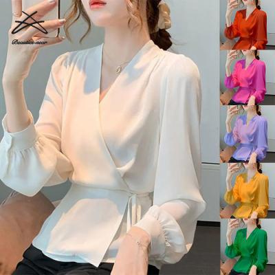 China New Breathable Women Plus Size Spring And Summer V-Neck Solid Color Long Sleeve Chiffon Office Official Sexy Loose Blouse Blouses Business for sale