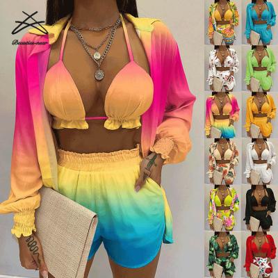 China New 3 Pcs Women's Breathable Floral Print Long Sleeve Sexy Casual Shirt And Bikini Shorts Set With Crop Top Suit for sale