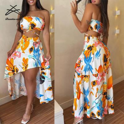 China 2022 2 Piece Summer Plus Size Ladies Flower Elegant Beach Party Women Casual Sexy Printed Dress Breathable Set Skirt Suit for sale