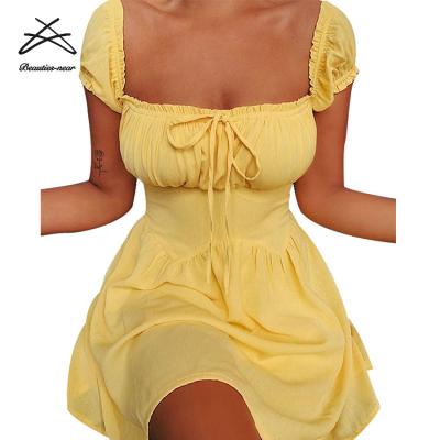 China 2021 New Women's Solid Color Summer Short Sleeve Breathable Casual Dress Ruffles Pleated To Lace Up Low-cut A-Line Dresses for sale