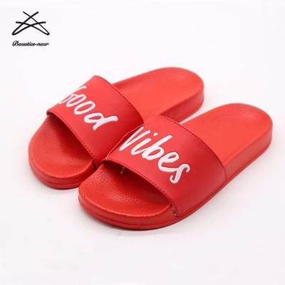 China Breathable PU Upper Custom Embossed Logo Ladies Print Slide Sandal Slippers for sale