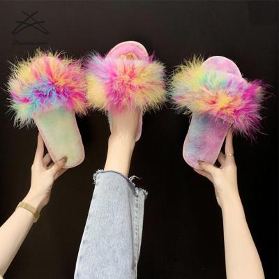 China Winter luxury multi color feather indoor fashion women plush ladies plush furry comfortable flat rubber lit luxury sexy slides for sale