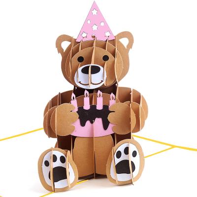 China Europe Happy Birthday Card Party Invitation 3D Pop Up Greeting Cards Custom Printing Bear Cake Candle for sale