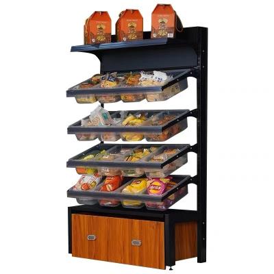 China Brown Supermarket Muti-Layer Double-Sided Solid Wood Plastic Food Snack Dried Display Rack for sale