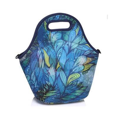 China Artist Designer PORTABLE Neoprene Insulated Lunch Bag Tote with Detachable Adjustable Shoulder Strap for Luxury Women Hand Drawn Feathers for sale