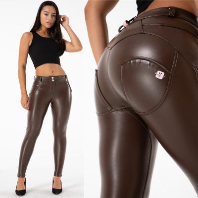 China Shascullfites Melody Women Brown Scrunch Bum Elastic Waterproof Gaiters PU Leather Skinny Pants Lift Up Hips Bodycon Slim Pants for sale