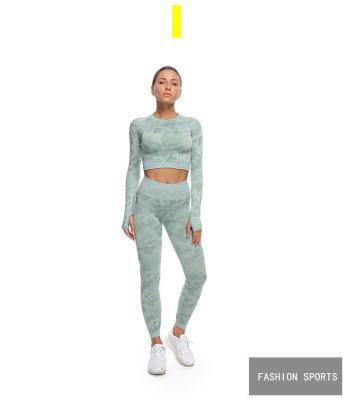 China Cs Breathable Popular Seamless Yoga Suit High Moq 2 Elasticity Hollow Out Fitness Quick Dry Yoga Long Sleeve Two Piece Set for sale