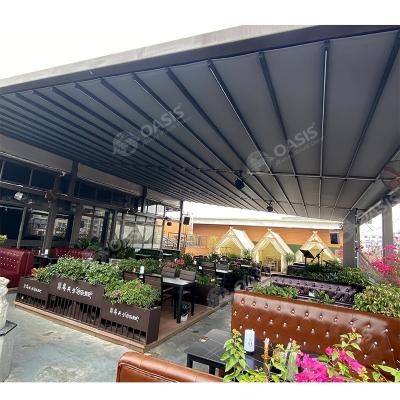 China Pergola de tela retráctil de fábrica, Pergola de metal con techo retráctil y lados en venta