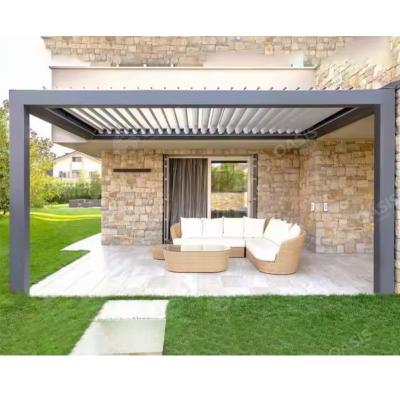 China Buitenmuurgesteund aluminium terrasdek pergola gemotoriseerd luikdak aluminium luik pergola voor herenhuizen Te koop