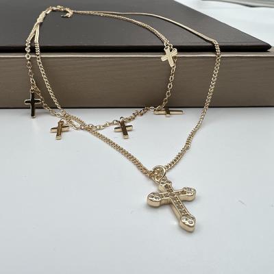 China Religious Women's Double Layer 24K Zircon High Sense Color Shining Cross Chain Pendant Necklace Necklace for sale