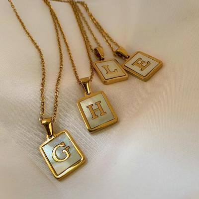 China High Shiny Polished Rectangular Shell Letters A-Z Necklace 18k White Gold Plated Stainless Steel Letter Necklace for sale