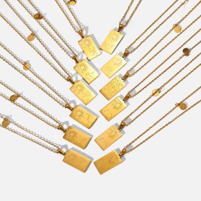 China High Shiny Polished Shape 12 Zodiac Signs Necklace Gold Square Personalized Stainless Steel Zodiac Pendant Necklace for sale