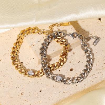 China 2022 High Quality Hot SaleSingle Cubic Zirconia Gold Fashion Jewelry Stainless Steel Cuban Chain Bracelet for sale