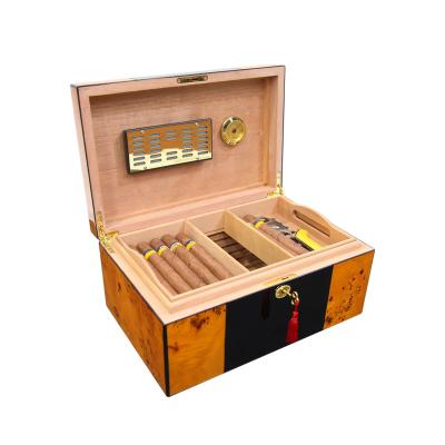 China Handmade Burl Wood Cedar Lining Piano Cigar Humidor for 50 for sale