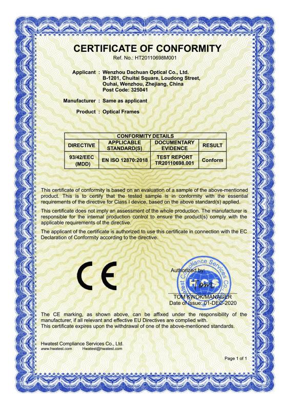 CE - Wenzhou Dachuan Optical Co., Ltd.