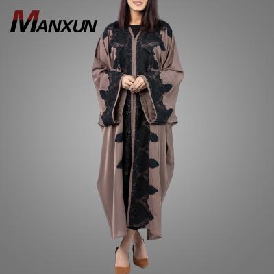 China High Quality Polyester Manxun Abaya Straight Cut Loose Sleeves Lace Up Design Kaftan Dubai Cardigan Arab Kimono Women Islamic Clothing for sale