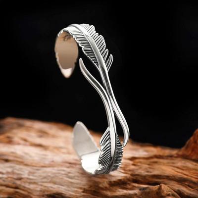 China Dropshipping&Wholesale Vintage Thai Silver Men Double Feather Bracelet Opening Simple Leaf Bracelet Couple Bracelet for sale