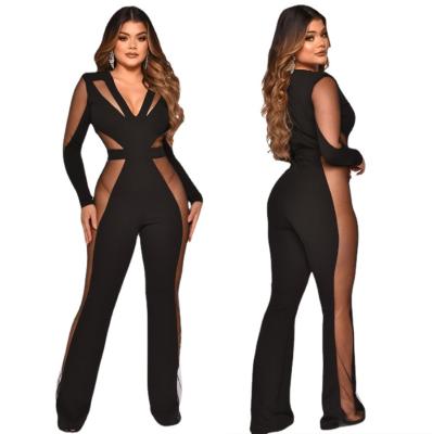 China 2022 Formal Wide Leg Overalls Fashion V-Neck Overalls Luxury Solid Women QUICK DRY Mesh Splicing Long Sleeve Jumpsuit for sale