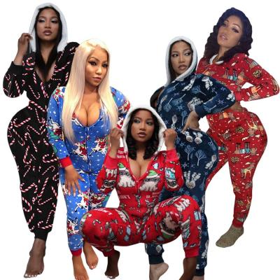 China New Arrival Breathable Fashion Print Long Sleeve Rompers Falls Lounge Wear Zipper Christmas Hooded Jumpsuit For Women for sale