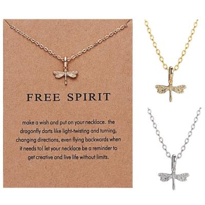 China Environmentally Friendly Trendy Make A Wish Card Gold Silver Plated Dragonfly Pendant Necklace Jewelry For Women Lady for sale