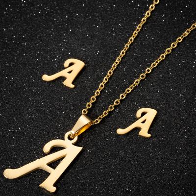 China Environmently Friendly Wholesale Non Tarnish 18K Gold Silver Plated Stainless Steel Letters A-Z Alphabet 26 Initial Women Earring Necklace Jewelry Set for sale