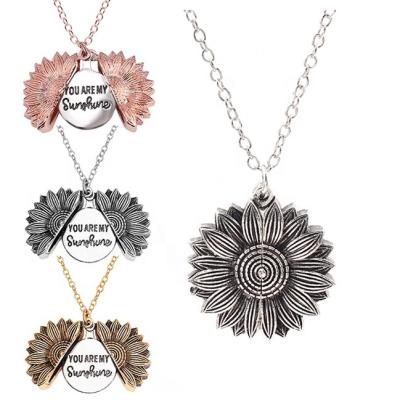 China Environmentally Friendly Wholesale Antique Gold Plated Open Pendant Silver Plated You Are My Sunflower Necklace Jewelry For Women Ladies for sale