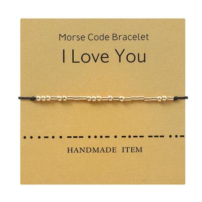 China Environmentally Friendly Gift Trendy Gold Silver Plated Copper Beads Wrap Wax Rope Women Girls Morse Code Bracelet Adjustable Jewelry for sale