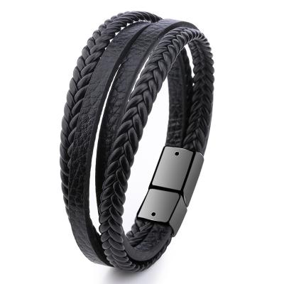 China Vintage Environmentally Style Male Magnetic Clasp Fashion Friendly Gift Black Multilayer Brown Leather Cuff Bracelet Jewelry For Man for sale