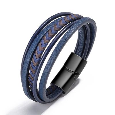 China Wholesale Punk Style Magnetic Clasp Mens Navy Blue Cowhide Leather Cuff Bracelet Multilayer Genuine Jewelry Environmentally Friendly for sale