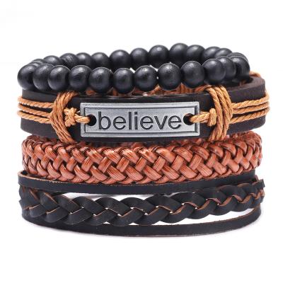 China Environmentally XiYi Style Friendly Punk Charm Engraved Believe Wood Beads Adjustable Braided Knot Men's Wax Wrap Genuine Leather Bracelet Set for sale