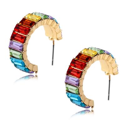 China Environmentally Friendly Wholesale Luxury Ladies Women Colorful Crystal Glass Rhinestone Stud Earring Rainbow C Shape Jewelry for sale