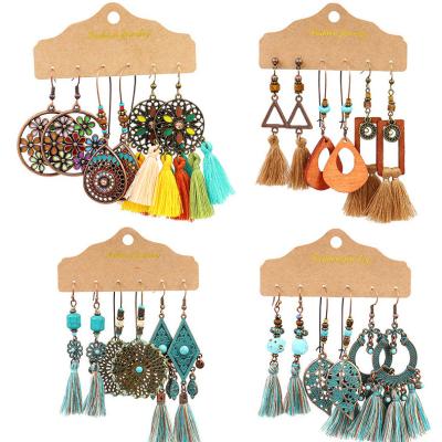 China Colorful Vintage Leaf Shell Water Drop Tassel Bronze Plated Dangle Earring 3pair/card Boho Antique Gold Ethnic Environmentally Friendly Set For Women for sale