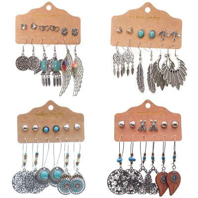 China Environmentally Friendly Bohemian 6pair/card Heart Crystal Stud Vintage Ethnic Boho Antique Silver Plated Earring Set For Women Ladies for sale