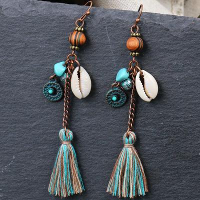 China Wholesale Environmentally Friendly Vintage Shell Pendant Women Ladies Long Leaf Tassel Boho Earring Antique Bronze Plated Jewelry for sale