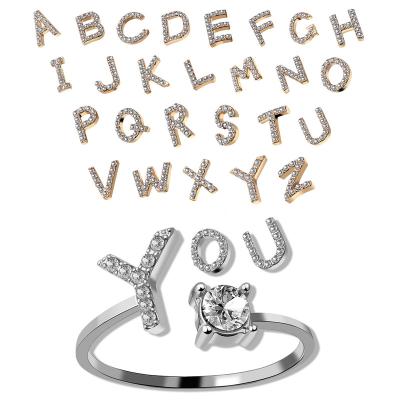 China Wholesale Fashionable Shiny Gold Zircon Zircon Wholesale Adjustable Letters Alphabet Initial Rings Silver Copper Jewelry For Women Ladies for sale