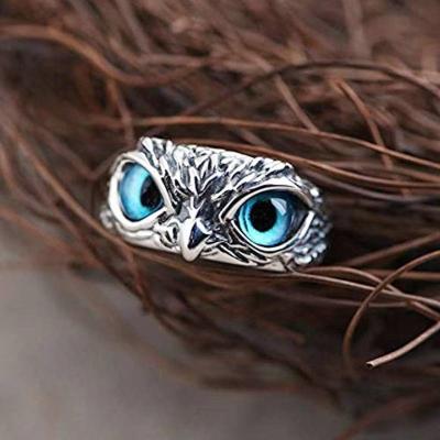 China Wholesale Vintage Environmentally Friendly Style Antique Silver Plated Owl Head Blue Eye Rings Unisex Jewelry For Women Men for sale