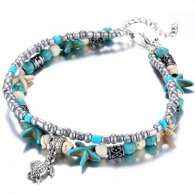 China Environmentally Fashion Vintage Heart Friendly Elephant Owl Starfish Turtle Pendant Turquoise Beads Ladies Summer Beach Anklet Chain Jewelry For Women for sale