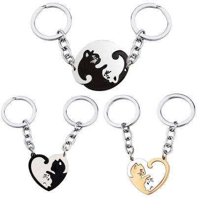 China Best Friend Friendly Gift Lovers Round Valentine's Day Heart Shape Key Chain Stainless Steel Yin Yang Matching Cat Couple Keychain for sale