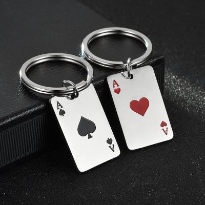 China Wholesale Environmentally Friendly Money Plated Stainless Steel Square Poker Card Lucky Spades Heart Ace Keychain Pendant Woman Man for sale