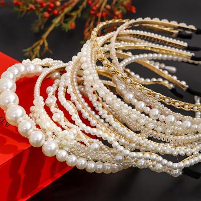 China Simple Daily Style Luxury Handmade Braided White Pearl INS Wear Headband Bridal Hair Accessories For Women Ladies for sale