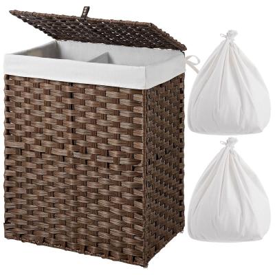 China Sustainable Classics Style Double Lidded Handwoven Square Linen Liner Removable Laundry Sorter Basket Bin for sale