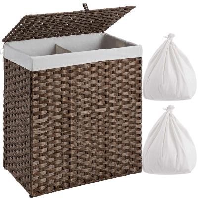 China Durable Portable Rectangular Foldable Rattan Bathroom Plastic Laundry Basket With Removable Washable Liner Bag for sale