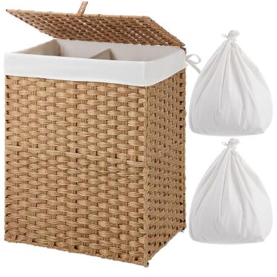 China Sustainable Portable Rectangular Foldable Plastic Rattan Laundry Basket With Lid And Removable Washable Liner Bag for sale