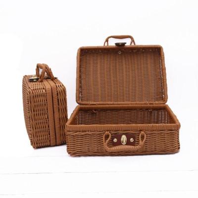 China Brown Small Mini Wedding Storage Woven Plastic Waterproof Hollow Soft Laundry Basket Vintage Child Suitcase for sale