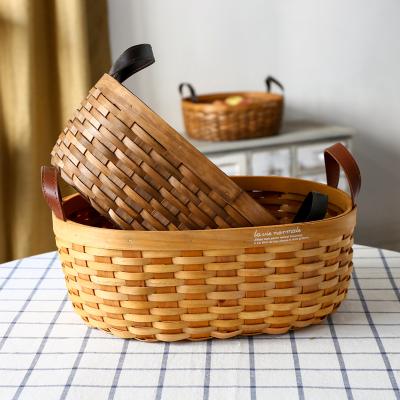 China Small Handicraft Woven Wooden Chip Basket Grocery Cutlery Restaurant Storage Wooden Stackable Handle Baskets Viable for sale