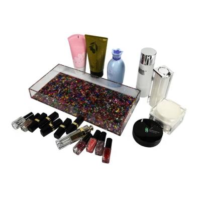 China Modern Clear Acrylic Cosmetic Organizer Custom Glitter Background Acrylic Cosmetic Tray for sale