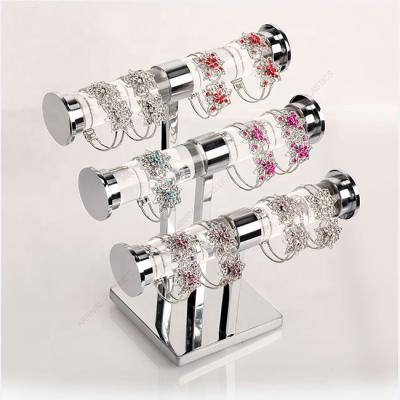 China On Office Retail Store Jewelry Acrylic Tube Metal Base 3 Rows Bracelets Stand for sale