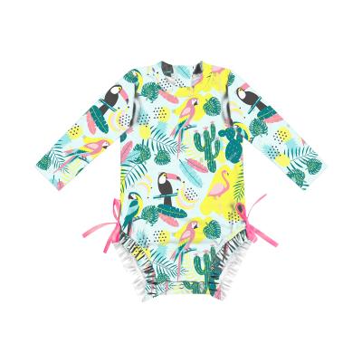 China Cute Cartoon Flamingo Kid's Plus Size Baby Girl Swimwear Long Sleeve With Bows Baby Swimsuit for sale